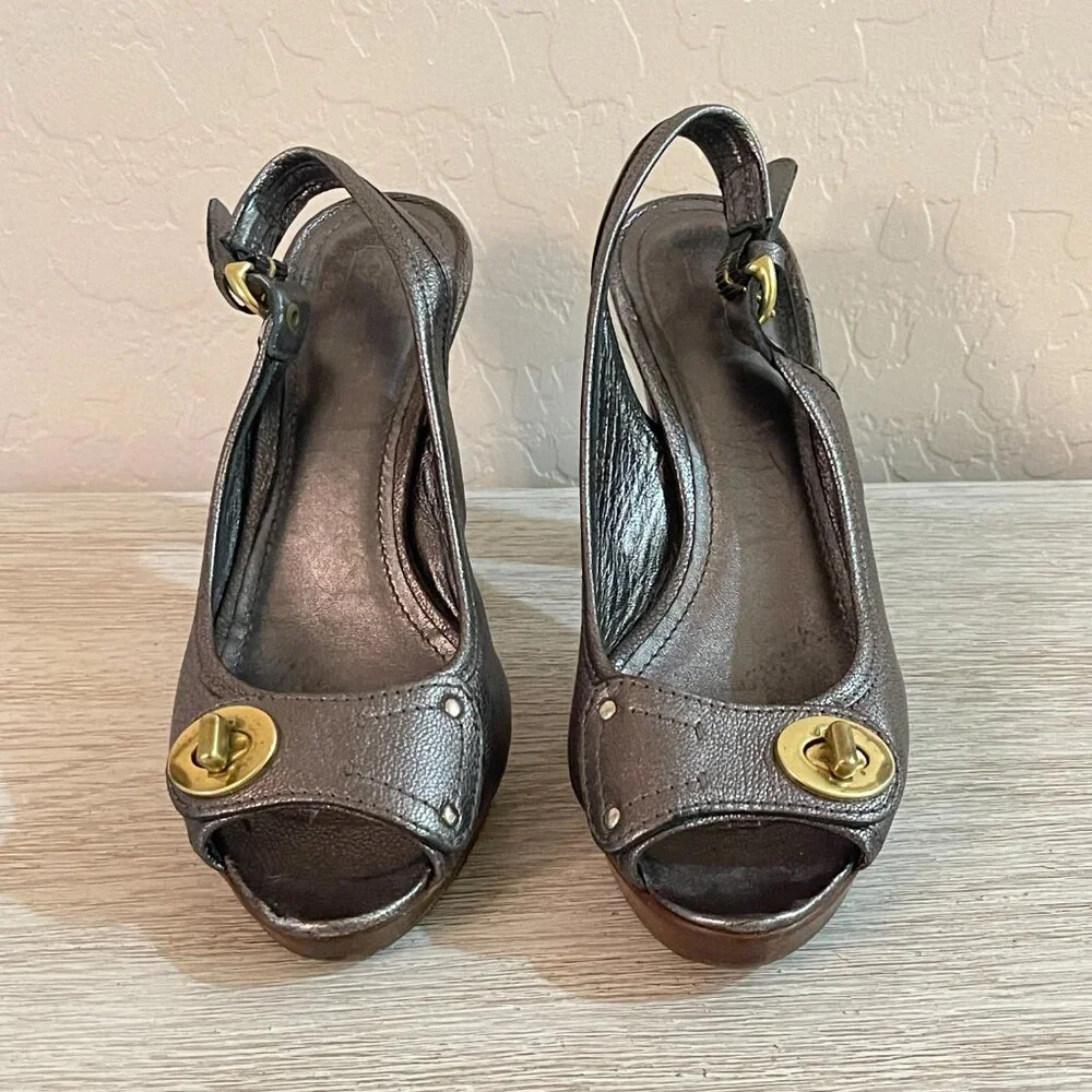 Coach Kiera Platform Heels Peeptoe Slingback Metallic Pewter Gunmetal 6.5